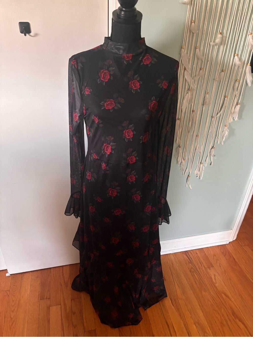 Long Black Dress with Red Rose Print - Elegant High Neck Dress XL